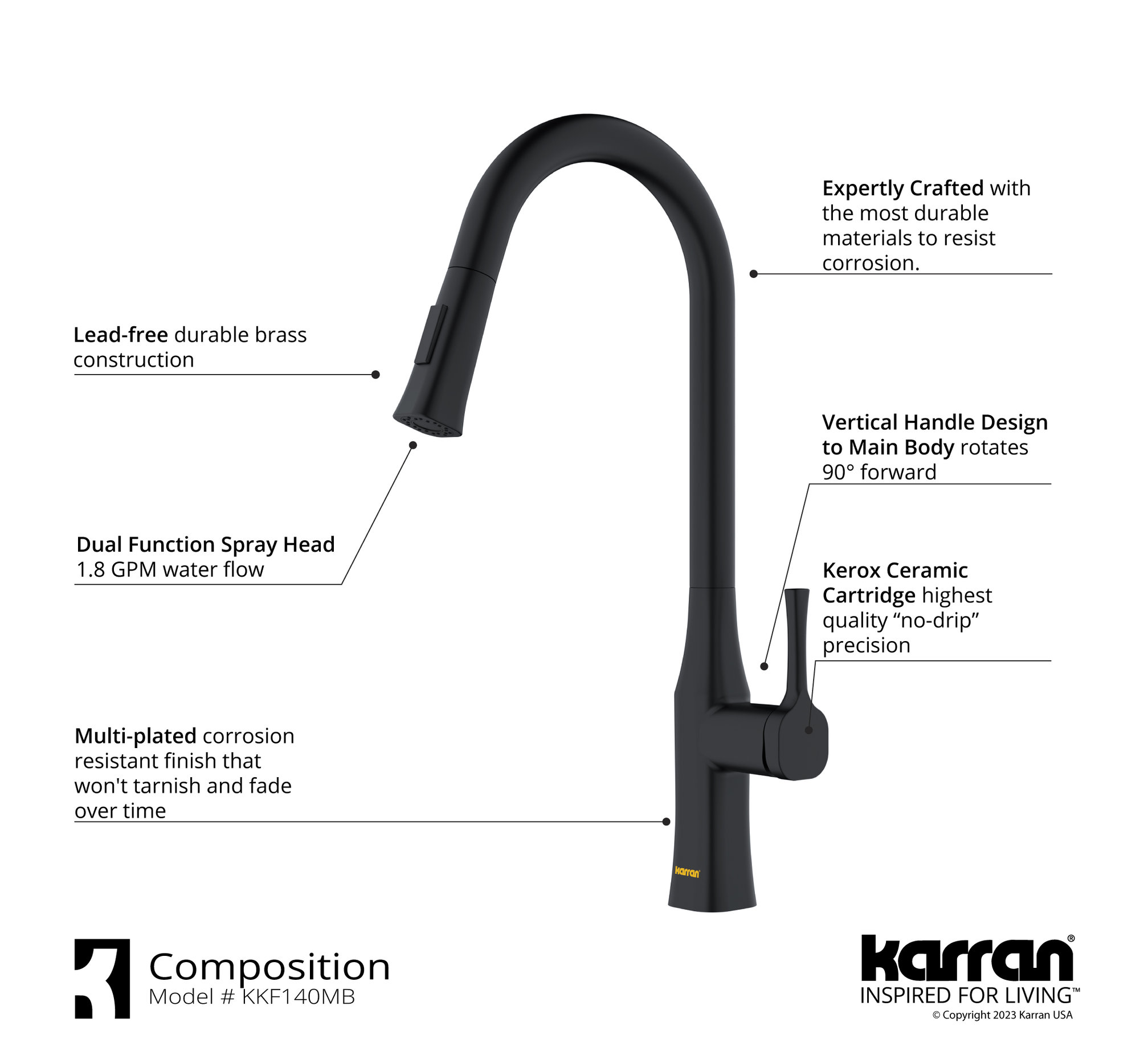 Karran KKF140 1-Handle Pull-Down Sprayer Kitchen Faucet, Matte Black