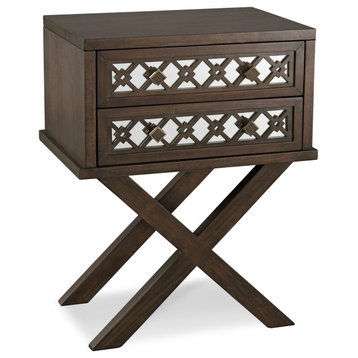 Transitional End Table, Diamond Patterned Drawers With Glass Insert, Rich Walnut