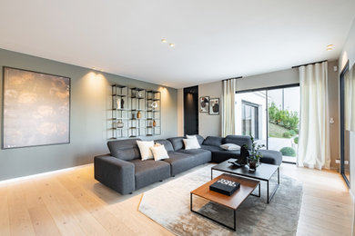 This is an example of a medium sized contemporary living room in Manchester with green walls and light hardwood flooring.