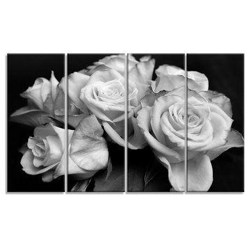"Bunch of Roses Black and White" Glossy Metal Wall Art, 4 Panels, 48"x28"