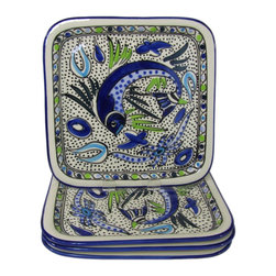 Le Souk Ceramique - Square Stoneware Plates, Set of 4, Aqua Fish Design - Serving Dishes And Platters