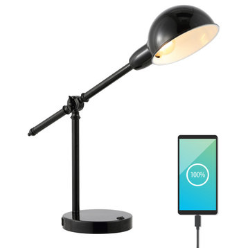 Curtis 20.25" Iron Adjustable Dome Shade LED Task Lamp With USB Charging Port, Black