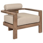 Armen Living - Relic Outdoor Patio Chair Weathered Eucalyptus Wood With Taupe Olefin Cushions - Introducing the Relic Outdoor Patio Chair  a testament to the beauty of weathered Eucalyptus wood, skillfully crafted to enhance your outdoor living space with a touch of rustic charm. This outdoor chair seamlessly combines the aged allure of weathered Eucalyptus wood with the practicality of water-resistant and UV-resistant features, creating a distinctive piece of outdoor furniture that exudes character and durability. The weathered Eucalyptus wood frame of the Relic Outdoor Patio chair adds a unique and inviting aesthetic to your patio, offering a timeless appeal that only improves with time. Each knot and grain tells a story, creating an ambiance of rustic elegance that complements various outdoor settings. Designed to withstand the elements, this chair boasts water-resistant and UV-resistant properties, ensuring that it remains resilient and stylish in the face of changing weather conditions. Whether under the sun's warm embrace or during an unexpected drizzle, the Relic Chair stands as a steadfast focal point for your outdoor gatherings. Immerse yourself in comfort with the plush Olefin cushions that adorn the chair. The neutral tone of the cushions complements the weathered wood, creating a harmonious balance between rugged charm and refined comfort. The water-resistant capabilities and easily removable, zippered covers make maintenance a breeze, allowing you to enjoy the Relic Outdoor Patio chair without compromise. Elevate your outdoor aesthetic with the Relic Outdoor Patio Chair in Weathered Eucalyptus Wood and Taupe Olefin Fabric.