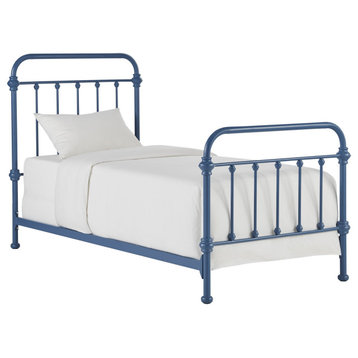 Solid Bed Frame, Spindle Accent Metal Construction, Blue Steel, Twin