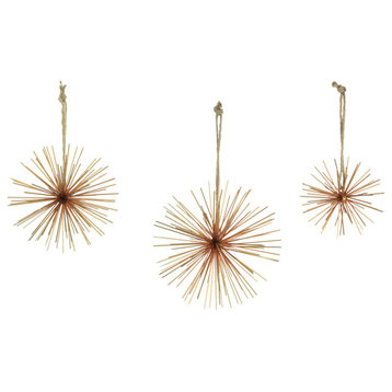 Brass Finish Metal Bursting Star Hanging Ornaments Set of 3 Rope Hangers