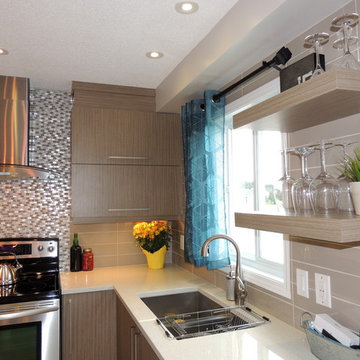 Melamine kitchen with quartz waterfall counter top