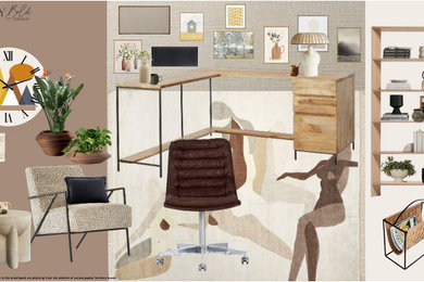 Diseño de despacho moderno de tamaño medio sin chimenea con paredes beige, suelo de madera oscura, escritorio independiente, suelo marrón y papel pintado