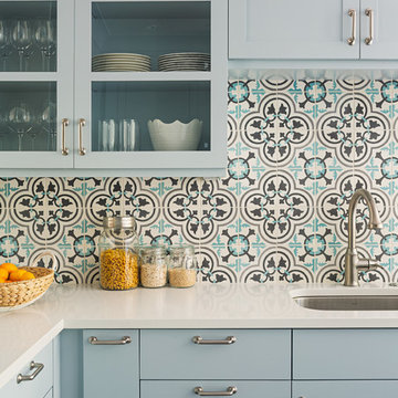 Light Blue Kitchen With Cluny Cement Tile Backsplash