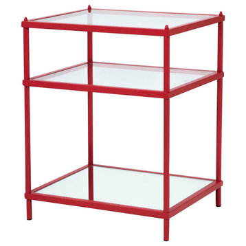 Contemporary End Table, Metal Frame With Glass Top & Mirrored Glass Shelf, Red
