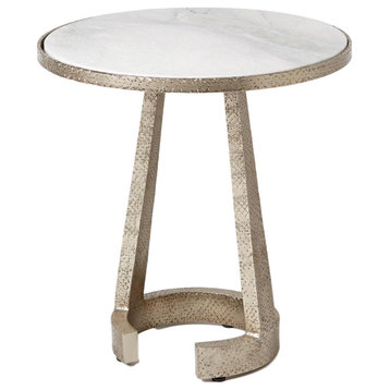 Contemporary Minimalist Round Silver Accent Table 19" Hammered White Marble C