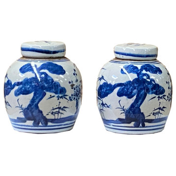 Pair Blue White Small Oriental Scenery Porcelain Ginger Jars Hws1376