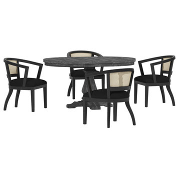 Dumars Traditional Upholstered Wood and Cane 5 Piece Dining Set, Black + Natural Brown + Gray, Velvet