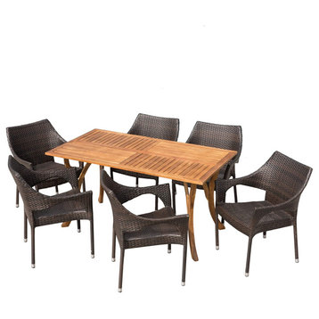 7 Pieces Patio Dining Set, Acacia Wood Table With Cushioned Faux Wicker Chairs