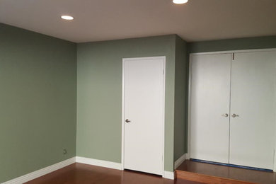 Modelo de habitación de invitados clásica de tamaño medio sin chimenea con paredes verdes, suelo de madera oscura y suelo marrón