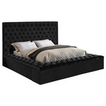Meridian Furniture - Bliss Velvet Upholstered  Bed, Black, King - Extend elegance to the bedroom with this Bliss black velvet bed. This bed has a rich look, with deeply tufted upholstery along its upper platform perimeter and headboard, ensuring that it is a good fit in modern bedroom themes. Storage rails and footboard are included to ensure maximum versatility, and the bed comes with full slats, so you can use it without a box spring. The black velvet fabric used in its design makes it easy to integrate alongside other furnishings.