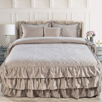 Matte Satin Ruffle 4 Piece Bed Spread Set, Taupe, King