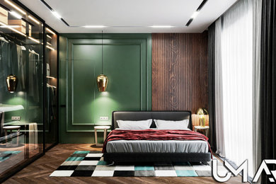 Example of a mid-sized trendy dark wood floor, brown floor and wood wall bedroom design in Other with green walls