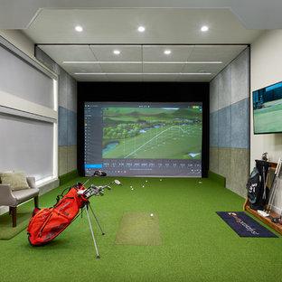 トロントのトランジショナルスタイルのおしゃれなホームジム (ベージュの壁、緑の床) の写真