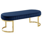 Meridian Furniture - Lemar Velvet Upholstered Bench, Navy - Rest your bones on this beautiful Lemar navy velvet bench. The amply sized top gives you room aplenty for sitting while you put on your shoes or get ready for the day. The gold tone base with geometrically curved legs adds to the posh look of this handsome bench, and the plush top of the bench is thickly padded and covered in rich navy velvet for an exquisite and luxurious feel against the skin. The tufted sides add a sumptuous look to this navy velvet bench, adding to its upscale presentation in your bedroom or elsewhere.