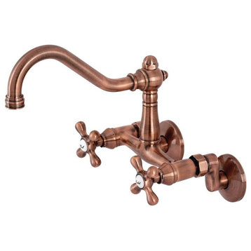 Classic Wall Mount Kitchen Faucet, Curved Spout & 2 Handles, Antique Copper