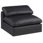 Meridian Furniture - Comfy Beige Linen Textured Fabric Modular Chair, Black, Vegan Leather, Armless Chair - Give your space a whole new look with this black Comfy vegan leather armless chair. This handsome chair fits nicely with other items in the Comfy collection and is a versatile seating option designed for adaptability, comfort and style. Wrapped in rich black durable vegan leathered upholstery, this chair offers a plush embrace of overstuffed down feather cushions, carefully crafted to deliver the highest level of comfort. The perfect seat for creating an oasis for relaxation, this chair has thick foam surrounding its frame for added support and coziness.