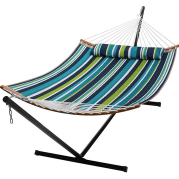 Double Hammock With Stand, Weather Resistant Bed & Detachable Pillow, Dark Cyan