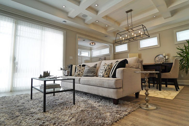 Living room - mid-sized contemporary open concept vinyl floor and gray floor living room idea in Toronto with gray walls, a standard fireplace, a stacked stone fireplace and a wall-mounted tv