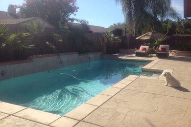 Photo of a large tropical backyard custom-shaped pool in Orange County with a water feature and stamped concrete.