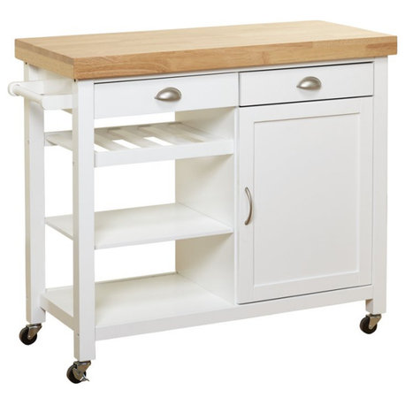 Mobile Kitchen Cart with Storage Drawers, Open Shelves & Locking Casters, White