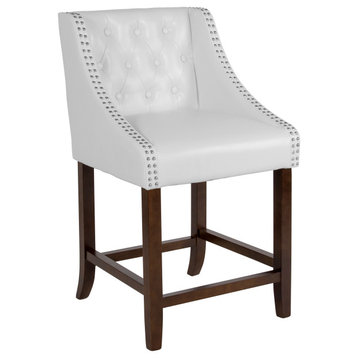 24" White Faux Leather Tufted Barstool With Walnut Frame and Accent Nail Trim