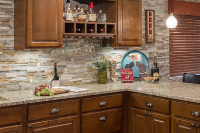 Large transitional look-out porcelain tile basement photo in St Louis with beige walls