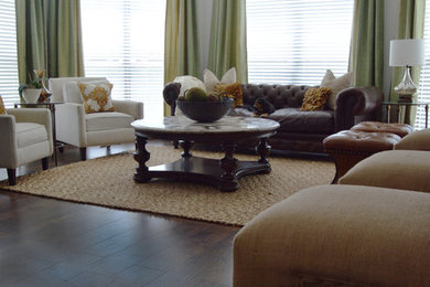 Example of a mid-sized transitional open concept dark wood floor living room design in Atlanta