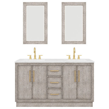 60 Double Sink White Marble Vanity, Gray Oak With Gooseneck Faucets and Mirrors