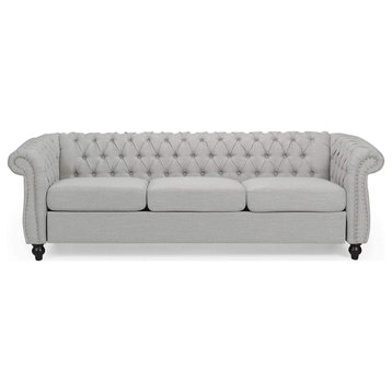 Chesterfield Sofa, Rolled Arms & Diamond Button Tufted Backrest, Cloud Grey