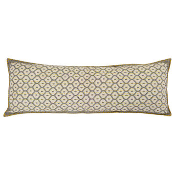 Artisan Hand Loomed Cotton Lumbar Pillow, Gray With Yellow Stitching, 16"x48"