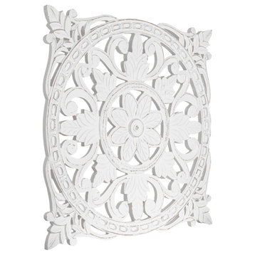 American Art Decor Hand-Carved Square Floral Wood Wall Medallion, White 30"