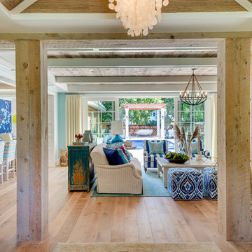 Reclaimed Wood Box Beam Posts & Header Framing a Room Opening in a Coastal Home