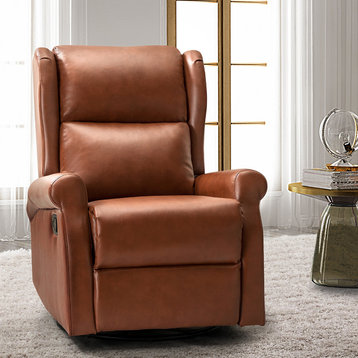 Comfy Faux Leather Manual Swivel Recliner With Metal Base, Saddle
