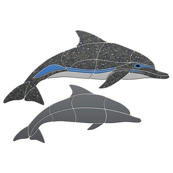 Crystal Level Swimming Dolphin Ceramic Pool Mosaic 36"x16" with shadow, Grey