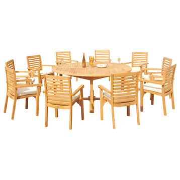 11-Piece Outdoor Teak Dining Set: 72" Round Table, 10 Hari Stacking Arm Chairs
