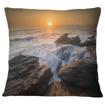 Sunset Over Rocky Seashore Beach Photo Throw Pillow, 18"x18"