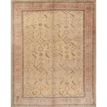 Consigned, Hand-Knotted Oushak Worn Oriental Antique Rug, Beige, 13'0"x10'2"