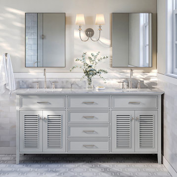 Ariel Kensington 73" Rectangle Sinks Bath Vanity, Grey, 0.75" Carrara Marble