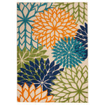 Nourison - Nourison Aloha 3'6" x 5'6" Multicolor Tropical Area Rug - This tropical indoor/outdoor rug from the Aloha Collection features a soft cut pile and textural woven patterns in bursts of brilliant color sure to brighten the look of your surroundings. Oversized floral patterns in blue, green, and orange add a festive touch of the tropics to your patio, deck, or porch. Machine made from premium stain-resistant fibers for ease of care: simply rinse with a hose and air dry.