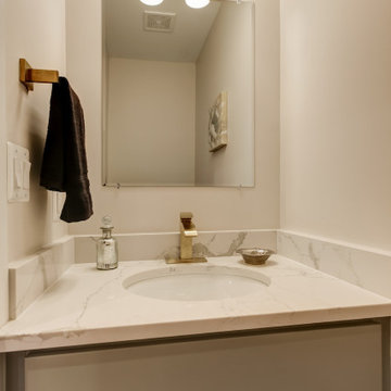 Bathroom remodeling with white tiles, standing shower & cabinets, Virginia