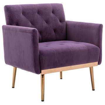 Comfortable Armchair, Tapered Legs With Tufted Cushioned Seat & Back, Purple