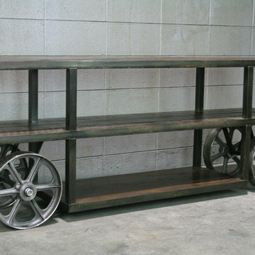 Industrial Trolley Cart/ TV Stand. reclaimed wood, steel/ Media Console