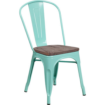 Mint Green Metal Stackable Chair With Wood Seat