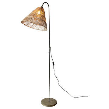 Vintage Style Rattan Shade Metal Floor Lamp Tall Standing Light Tropical Arm