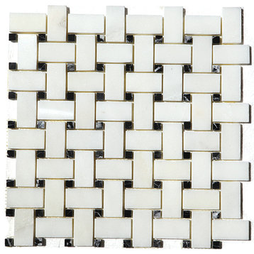 12"x12" China White With Black Dot Basket Weave Mosaic, Single Listing